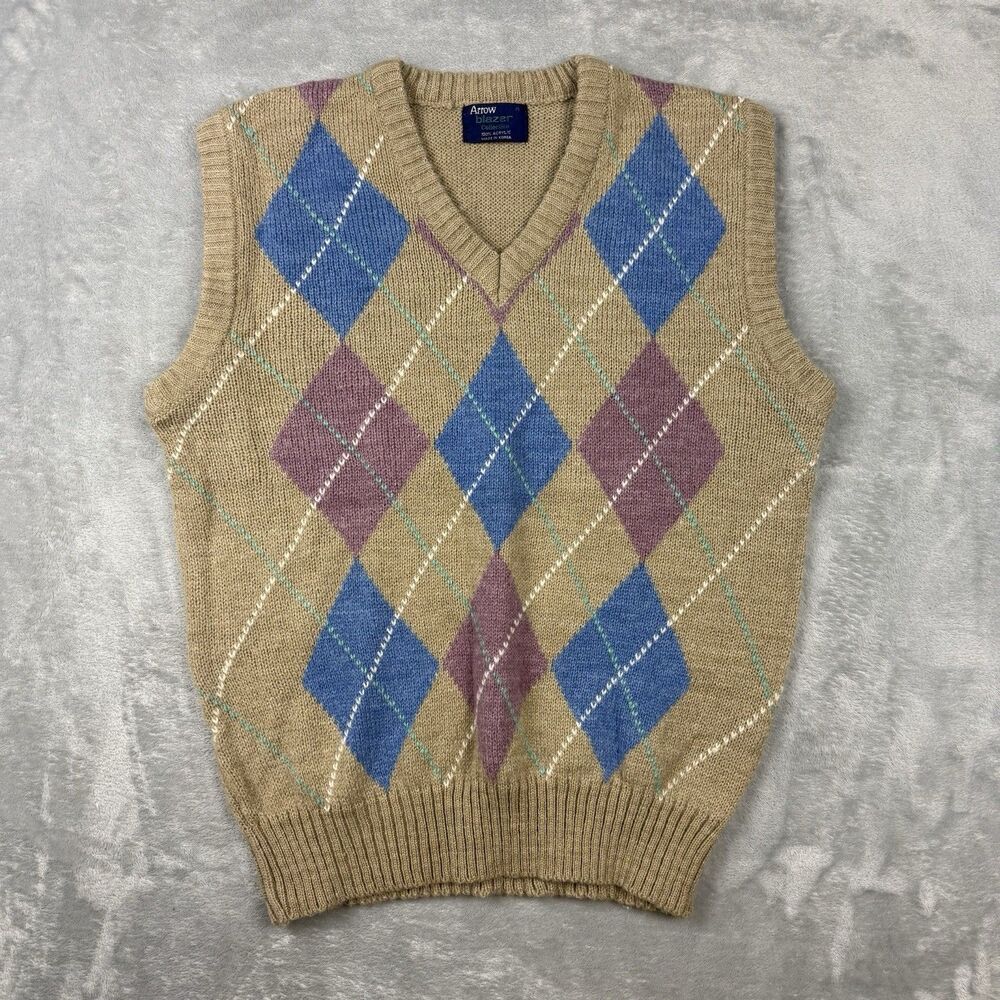 Arrow Blazer Collection Argyle Sweater Vest Tan Blue Purple Men’s M Vintage